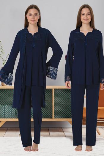 Effortt 4084 Lacivert Dantelli Sabahlıklı Lohusa Pijama Takımı